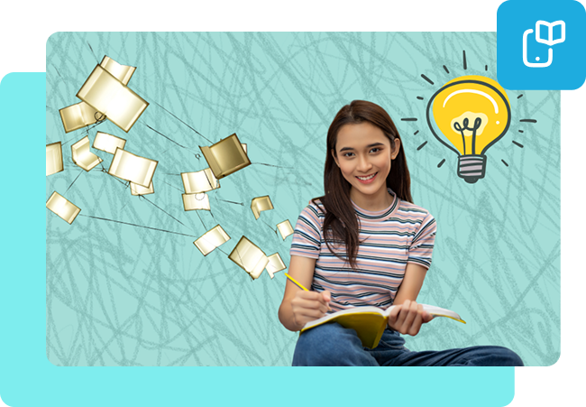 a woman studying with ideas bouncing off her