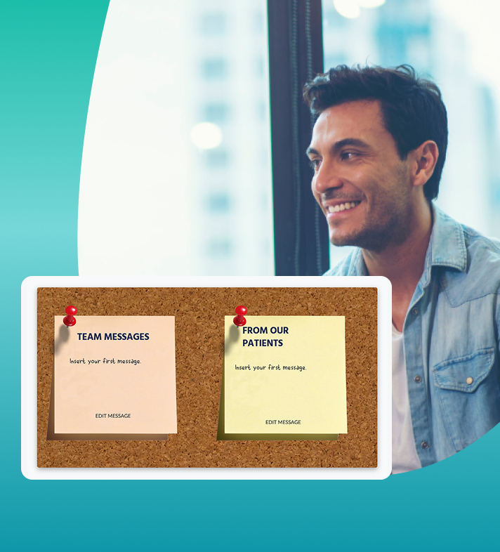 man smiling, alongside graphic of noticeboard