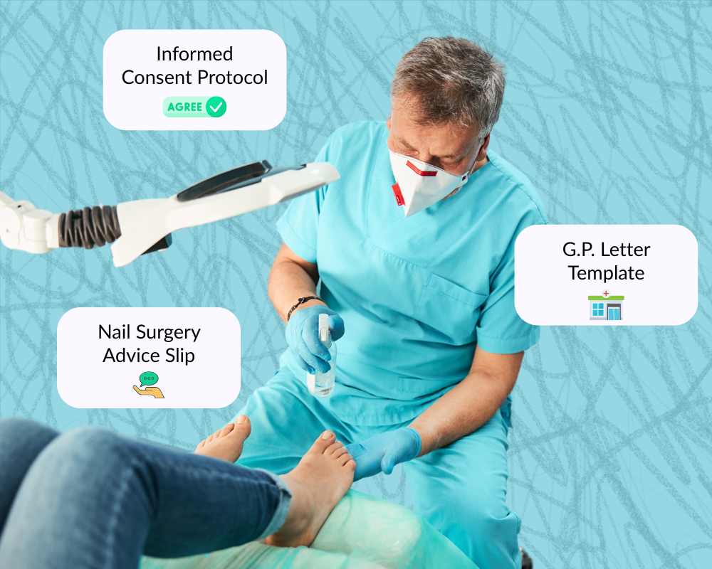 typical clinical scene with floating graphics of example templates that could be used